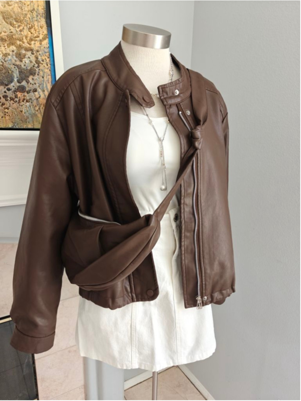 Faux Leather Jacket + Matching Shoulder Bag Set | Chocolate Brown